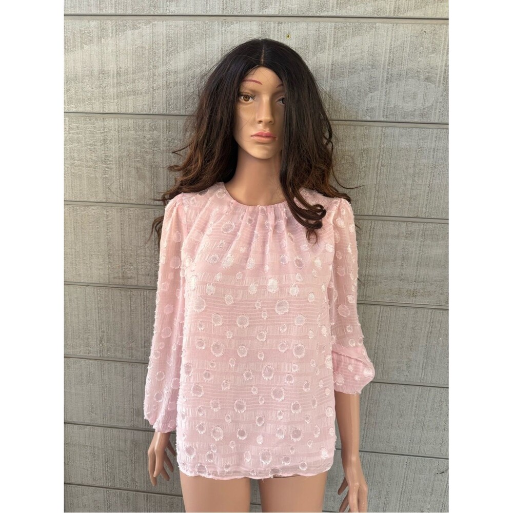 Women's Pink Dot-Textured Blouse with Gathered Neckline size medium